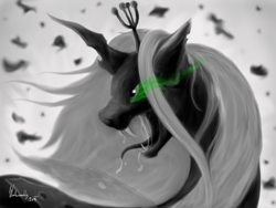 Size: 1600x1200 | Tagged: safe, artist:winternachts, character:queen chrysalis, species:changeling, ash, changeling queen, drool, fangs, female, glare, glowing eyes, monochrome, open mouth, roar, solo, spit, tongue out, wind