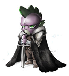 Size: 600x655 | Tagged: safe, artist:miszasta, character:spike, a song of ice and fire, clothing, crossover, eddard stark, game of thrones, male, ned stark, solo, sword, weapon, winter is coming