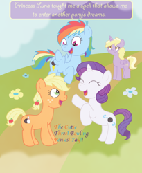 Size: 540x657 | Tagged: safe, artist:schwarzekatze4, character:applejack, character:dinky hooves, character:rainbow dash, character:rarity, harmony-verse, alternate universe, ask, ask the harmony crusaders, dinkycorn, dream walker, filly, older, tumblr, younger