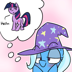 Size: 1000x1000 | Tagged: safe, artist:grilledcat, character:trixie, character:twilight sparkle, character:twilight sparkle (unicorn), species:pony, species:unicorn, ship:twixie, blushing, clothing, female, hat, imagination, lesbian, lidded eyes, mare, shipping, thought bubble