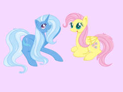 Size: 1280x960 | Tagged: safe, artist:orcakisses, character:fluttershy, character:trixie, species:pegasus, species:pony, species:unicorn, alternate hairstyle, female, mane swap, mare, pink background, simple background