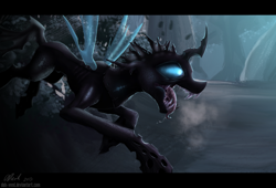 Size: 1280x869 | Tagged: safe, artist:duh-veed, species:changeling, drool, fangs, flying, forest, open mouth, sharp teeth, solo, tongue out