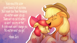Size: 1600x900 | Tagged: safe, artist:vampireselene13, character:apple bloom, character:applejack, episode:bloom and gloom, g4, my little pony: friendship is magic, adorabloom, crying, cute, lyrics, singing, sisters
