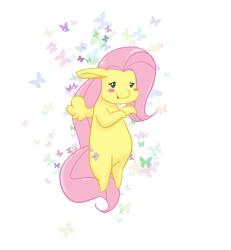 Size: 2000x2160 | Tagged: safe, artist:fluffikitten, character:fluttershy, species:pegasus, species:pony, blush sticker, blushing, butterfly, chibi, fat, fattershy, female, floppy ears, flying, high res, mare, solo
