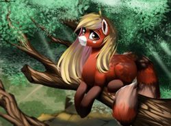 Size: 1024x759 | Tagged: safe, artist:santagiera, oc, oc only, species:pony, ear fluff, female, forest, heart, looking at you, mare, outdoors, prone, smiling, tree, tree branch