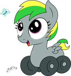 Size: 864x925 | Tagged: safe, artist:midnightblitzz, oc, oc only, oc:wheely bopper, butterfly, colored, cute, eyes on the prize, female, filly, happy, ocbetes, open mouth, original species, simple background, smiling, solo, transparent background, vector, weapons-grade cute, wheelpone