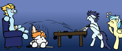 Size: 2560x1080 | Tagged: safe, artist:phonicb∞m, character:fire streak, character:lightning streak, character:misty fly, character:soarin', fanfic:piercing the heavens, billiards, calm wind, color, cue ball, fanfic, laughing, old cutie mark, oops, pain
