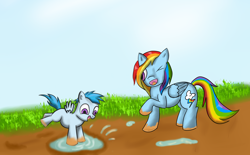 Size: 2500x1545 | Tagged: safe, artist:ac-whiteraven, character:rainbow dash, oc, oc:tempest, parent:rainbow dash, parent:unnamed oc, parents:canon x oc, mother and son, mud, offspring, puddle, splashing