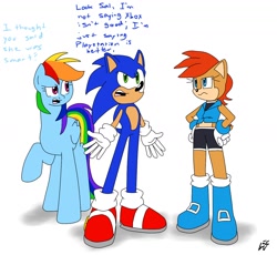 Size: 1280x1178 | Tagged: safe, artist:megaartist923, character:rainbow dash, character:sonic the hedgehog, crossover, dialogue, playstation, sally acorn, simple background, sonic the hedgehog (series), video game, white background, why, xbox