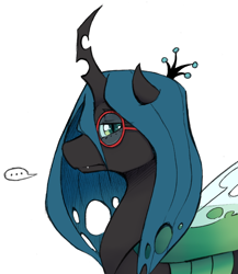 Size: 1272x1464 | Tagged: safe, artist:aisureimi, character:queen chrysalis, species:changeling, crown, dialogue, dork, dorkalis, female, glasses, horn, jewelry, regalia, simple background, solo, speech bubble, white background, wings