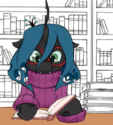 Size: 1559x1735 | Tagged: safe, artist:aisureimi, character:queen chrysalis, species:changeling, g4, book, clothing, cute, cutealis, dork, dorkalis, female, glasses, library, solo, studying, sweater