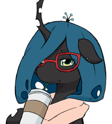 Size: 1341x1480 | Tagged: safe, artist:aisureimi, character:queen chrysalis, species:changeling, bust, clothing, coffee, cute, cutealis, dork, dorkalis, ear piercing, female, glasses, piercing, portrait, scarf, solo, straw