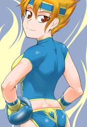Size: 575x834 | Tagged: safe, artist:pugilismx, character:spitfire, species:human, boxing gloves, clothing, female, humanized, looking back, midriff, short shirt, solo, sports panties