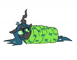 Size: 1277x998 | Tagged: safe, artist:fiona, character:queen chrysalis, angry, blanket, blanket burrito, cocoon, crown, cute, cutealis, female, solo