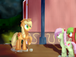 Size: 2592x1944 | Tagged: safe, artist:alexander56910, character:apple cinnamon, character:applejack, character:florina tart, episode:appleoosa's most wanted, g4, my little pony: friendship is magic, apple family member, barn, looking at each other, night, open mouth, rain, smiling, wet, wet mane