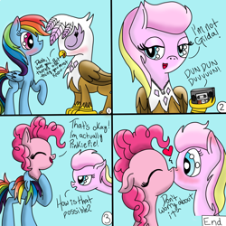 Size: 1920x1920 | Tagged: safe, artist:yourfavoritelove, character:gilda, character:pinkie pie, character:rainbow dash, oc, oc:peach moon, species:griffon, ship:gildash, blushing, clothing, comic, costume, disguise, female, kissing, lesbian, masking, pony costume, ponysuit, rainbow dash suit, shipping, what a twist