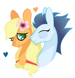 Size: 949x983 | Tagged: safe, artist:riisusparkle, character:applejack, character:soarin', ship:soarinjack, female, flower in hair, freckles, hatless, heart, male, missing accessory, shipping, simple background, straight