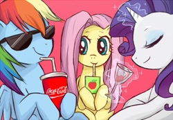 Size: 600x415 | Tagged: safe, artist:yubi, character:fluttershy, character:rainbow dash, character:rarity, species:pegasus, species:pony, species:unicorn, coca-cola, drink, drinking, eyes closed, female, juice, magic, mare, sipping, straw, sunglasses, trio, wine