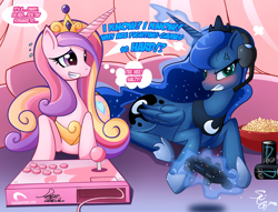 Size: 3352x2564 | Tagged: safe, artist:angriestangryartist, character:princess cadance, character:princess luna, species:alicorn, species:pony, gamer luna, g4, angry, arcade stick, clothing, comic, controller, crown, dualshock controller, female, gamer cadance, glowing horn, high res, hoof shoes, horn, jewelry, lying down, magic, magic aura, mare, necklace, peytral, prone, regalia, salty, shoes, signature, telekinesis, three quarter view