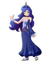 Size: 1024x1303 | Tagged: safe, artist:angriestangryartist, character:princess luna, species:human, anime, clothing, dress, female, humanized, one eye closed, sandals, simple background, solo, transparent background, wink