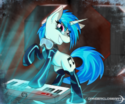 Size: 1024x853 | Tagged: safe, artist:dangercloseart, character:dj pon-3, character:vinyl scratch, bodysuit, crossover, epic, female, goggles, keyboard, klayton celldweller, musical instrument, solo