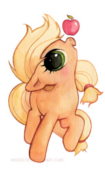 Size: 450x734 | Tagged: safe, artist:miszasta, character:applejack, apple, chibi, cute, female, filly, filly applejack, jackabetes, ponies balancing stuff on their nose, solo, younger
