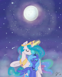 Size: 1600x2000 | Tagged: safe, artist:dreamscapevalley, character:princess celestia, character:princess luna, species:pony, eyes closed, female, full moon, glowing horn, hug, jewelry, magic, mare, moon, night, regalia, s1 luna, sisterly love, sky, smiling, stars, winghug