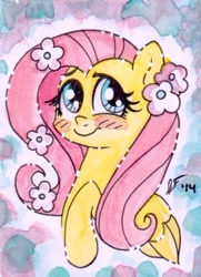 Size: 271x375 | Tagged: safe, artist:dreamscapevalley, character:fluttershy, species:pony, blushing, bust, cute, female, flower, flower in hair, looking at you, mare, portrait, raised hoof, shy, smiling, solo, traditional art