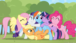 Size: 1920x1080 | Tagged: safe, artist:gratlofatic, character:applejack, character:fluttershy, character:pinkie pie, character:rainbow dash, character:rarity, character:twilight sparkle, species:earth pony, species:pegasus, species:pony, species:unicorn, episode:the return of harmony, g4, my little pony: friendship is magic, cute, dashabetes, diapinkes, female, group, group hug, hatless, hug, jackabetes, mane six, mare, missing accessory, raribetes, shyabetes, twiabetes, vector, wallpaper