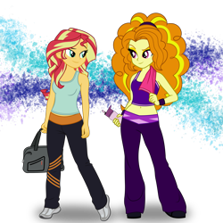 Size: 3467x3467 | Tagged: safe, artist:skycatcherequestria, character:adagio dazzle, character:sunset shimmer, ship:sunsagio, my little pony:equestria girls, belly button, clothing, cute, female, fitness, high res, lesbian, midriff, realistic proportions, shipping, shoes, show accurate, simple background, sneakers, tank top, towel, transparent background, water bottle, workout outfit