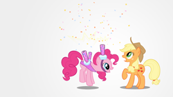 Size: 1920x1080 | Tagged: safe, artist:gratlofatic, character:applejack, character:pinkie pie, species:earth pony, species:pony, ship:applepie, confetti, female, lesbian, mare, shipping, surprised, vector, wallpaper