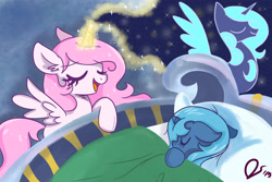 Size: 4200x2800 | Tagged: safe, artist:dreamscapevalley, character:princess celestia, character:princess luna, bed, cewestia, cute, cutelestia, ear fluff, eyes closed, filly, lullaby, lullaby for a princess, lunabetes, magic, royal sisters, singing, sleeping, sweet dreams fuel, woona, younger