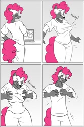 Size: 852x1280 | Tagged: safe, artist:clock-face, character:pinkie pie, species:anthro, comic:pinkie sense, breast expansion, breast reduction, breasts, busty pinkie pie, comic, female, pinkie sense, rule 63, transformation, transgender transformation