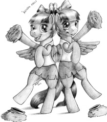Size: 875x1000 | Tagged: safe, artist:stallionslaughter, character:lilac sky, character:spring step, character:sunlight spring, species:pony, bipedal, cheerleader, dancing, female, grayscale, happy, monochrome, open mouth, pom pom, traditional art