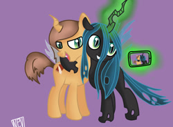 Size: 900x661 | Tagged: safe, artist:nevera573, character:queen chrysalis, oc, oc:poisoned soul, species:changeling, camera, camera shot, canon x oc, changeling queen, chrysalislover, cute, cutealis, female, filly, glowing horn, magic, nymph, ocbetes, purple background, selfie, shipping, side hug, signature, simple background, telekinesis, younger