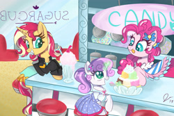 Size: 3150x2100 | Tagged: safe, artist:dreamscapevalley, character:pinkie pie, character:sunset shimmer, character:sweetie belle, species:earth pony, species:pony, species:unicorn, my little pony:equestria girls, alternate hairstyle, clothing, dress, equestria girls outfit, equestria girls ponified, gala dress, ponified, ponytail