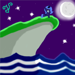 Size: 800x800 | Tagged: safe, artist:purpleloverpony, derpibooru original, character:princess luna, species:alicorn, species:pony, cliff, female, filly, moon, night, solo, stars, water, woona, younger