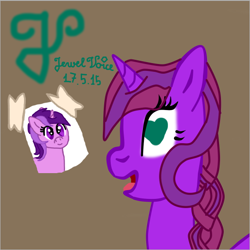 Size: 542x543 | Tagged: safe, artist:purpleloverpony, derpibooru original, character:amethyst star, character:sparkler, oc, oc:jewel voice, species:pony, species:unicorn, eyes on the prize, heart eyes, open mouth, picture, smiling, tongue out, wingding eyes