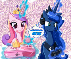 Size: 1024x846 | Tagged: safe, artist:angriestangryartist, character:princess cadance, character:princess luna, species:alicorn, species:pony, gamer luna, angry, arcade stick, blep, controller, cute, female, gamer cadance, games, hadouken, headphones, headset, joystick, magic, mare, scrunchy face, sitting, smiling, telekinesis, tongue out, video game