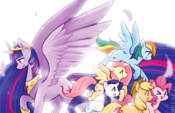 Size: 1278x825 | Tagged: safe, artist:mousu, character:applejack, character:fluttershy, character:pinkie pie, character:rainbow dash, character:rarity, character:twilight sparkle, character:twilight sparkle (alicorn), species:alicorn, species:earth pony, species:pegasus, species:pony, species:unicorn, >.<, eyes closed, female, hilarious in hindsight, immortality blues, mane six, mare, older, older twilight, simple background, ultimate twilight, white background