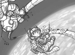 Size: 1000x740 | Tagged: safe, artist:onkelscrut, astronaut, floating, monochrome, planet, space, space suit