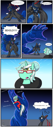 Size: 1920x4585 | Tagged: safe, artist:thex-plotion, character:lyra heartstrings, character:princess luna, species:pony, bayonetta, bipedal, blushing, comic, crossover, glasses, hand, hug