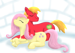 Size: 1024x724 | Tagged: safe, artist:fia94, character:big mcintosh, character:fluttershy, species:earth pony, species:pony, ship:fluttermac, male, shipping, snuggling, stallion, straight