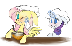 Size: 1360x878 | Tagged: safe, artist:batlover800, character:fluttershy, character:rarity, chef's hat, clothing, cooking, hat