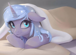 Size: 2800x2000 | Tagged: safe, artist:santagiera, character:princess luna, species:alicorn, species:pony, bed, blanket, cute, female, filly, floppy ears, looking at you, looking up, lunabetes, mare, prone, s1 luna, smiling, solo, woona, younger