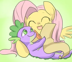 Size: 700x600 | Tagged: safe, artist:yubi, character:fluttershy, character:spike, ship:flutterspike, cute, female, male, shipping, shyabetes, spikelove, straight
