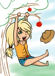 Size: 506x703 | Tagged: safe, artist:fluffikitten, character:applejack, species:human, apple, chibi, female, food, hanging, humanized, one eye closed, solo, tree