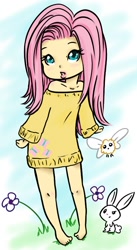 Size: 410x746 | Tagged: safe, artist:fluffikitten, character:angel bunny, character:fluttershy, species:human, breasts, chibi, clothing, delicious flat chest, female, flattershy, humanized, sweater, sweatershy