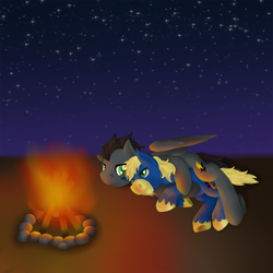 Size: 800x800 | Tagged: safe, artist:timid tracks, oc, oc only, oc:anvil crawler, oc:doc helix, species:earth pony, species:pegasus, species:pony, commission, cuddling, fire, gay, hug, love, male, night, outdoors, shipping, snuggling, stars
