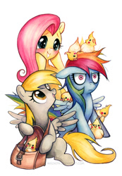 Size: 600x865 | Tagged: safe, artist:miszasta, character:derpy hooves, character:fluttershy, character:rainbow dash, species:bird, species:parrot, species:pegasus, species:pony, bag, blushing, chick, cockatiel, cooing, delivery, female, head in hooves, mare, rainbow dash is not amused, saddle bag, unamused